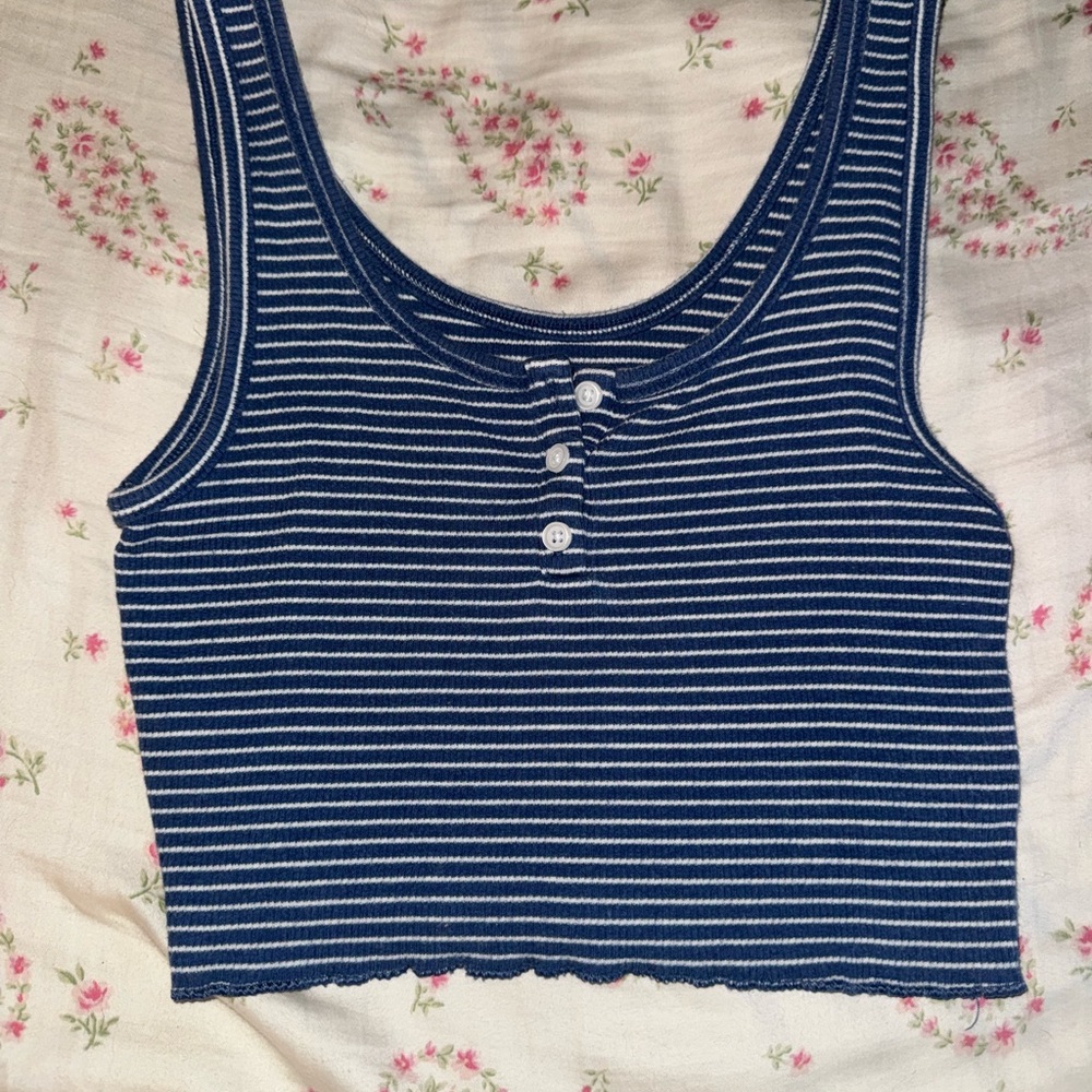 American Eagle Outfitters Blue and White Striped Ribbed Crop Tank